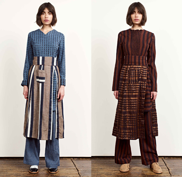 Ace + Jig 2017-2018 Fall Autumn Winter Womens Lookbook Presentation - New York Fashion - Countryside Stripes Linen Lightweight Dress Curved Hem Bell Sleeves Blouse Long Sleeve Shirt High Slit Midi Skirt Turtleneck Mockneck Polka Dots Plaid Tartan Check Embroidery Embellishments Decorated Knit Geometric Ornaments Decorative Art Ruffles Ethnic Tribal Folk Tie Up Rope Wide Band One Shoulder Cross Halterneck Onesie Jumpsuit Coveralls Wide Leg Trousers Palazzo Pants Outerwear Coat Jacket Metallic Pussycat Bow Ribbon Sleeveless Skirt Over Skirt Over Pants Socks Tassels Loafers