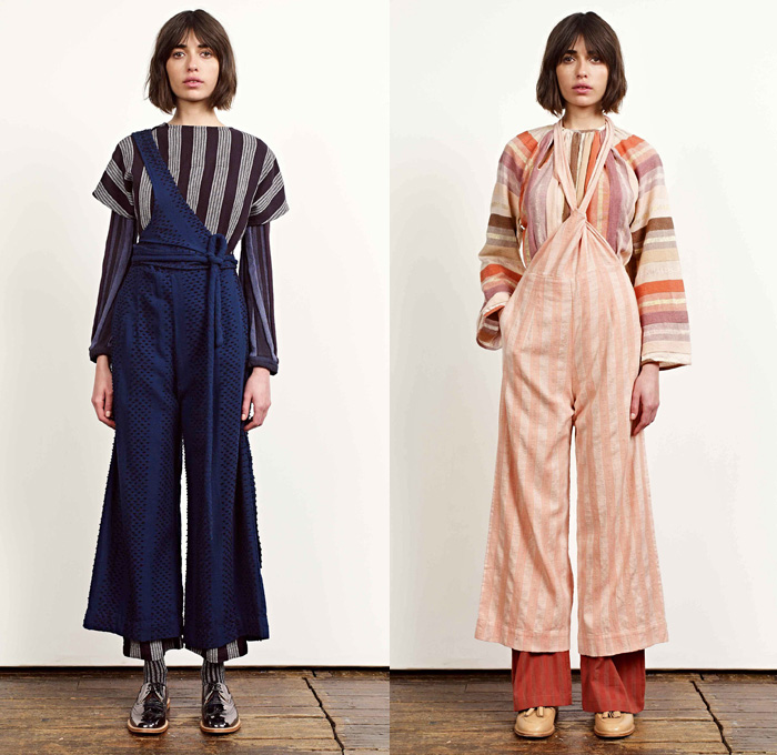 Ace + Jig 2017-2018 Fall Autumn Winter Womens Lookbook Presentation - New York Fashion - Countryside Stripes Linen Lightweight Dress Curved Hem Bell Sleeves Blouse Long Sleeve Shirt High Slit Midi Skirt Turtleneck Mockneck Polka Dots Plaid Tartan Check Embroidery Embellishments Decorated Knit Geometric Ornaments Decorative Art Ruffles Ethnic Tribal Folk Tie Up Rope Wide Band One Shoulder Cross Halterneck Onesie Jumpsuit Coveralls Wide Leg Trousers Palazzo Pants Outerwear Coat Jacket Metallic Pussycat Bow Ribbon Sleeveless Skirt Over Skirt Over Pants Socks Tassels Loafers