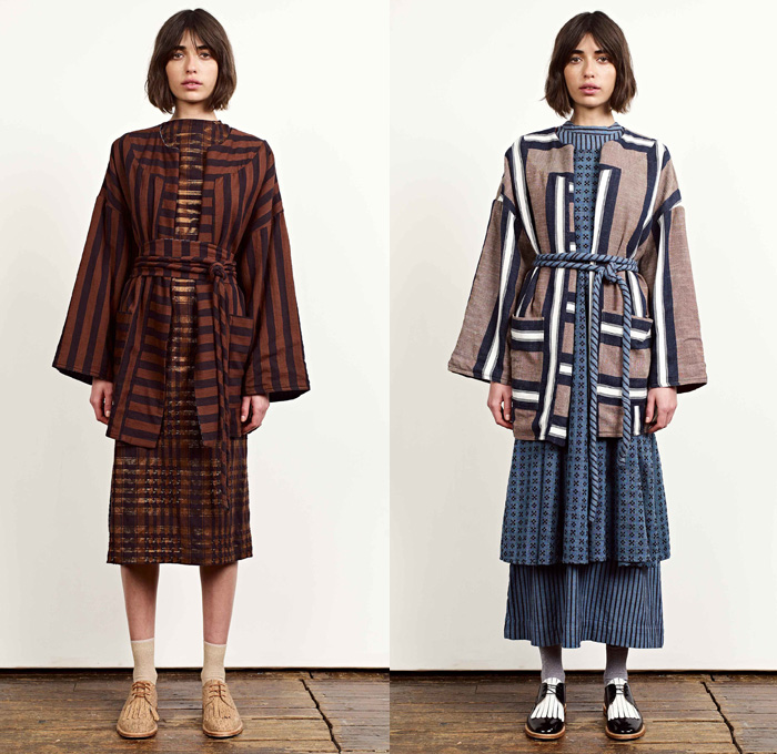 Ace + Jig 2017-2018 Fall Autumn Winter Womens Lookbook Presentation - New York Fashion - Countryside Stripes Linen Lightweight Dress Curved Hem Bell Sleeves Blouse Long Sleeve Shirt High Slit Midi Skirt Turtleneck Mockneck Polka Dots Plaid Tartan Check Embroidery Embellishments Decorated Knit Geometric Ornaments Decorative Art Ruffles Ethnic Tribal Folk Tie Up Rope Wide Band One Shoulder Cross Halterneck Onesie Jumpsuit Coveralls Wide Leg Trousers Palazzo Pants Outerwear Coat Jacket Metallic Pussycat Bow Ribbon Sleeveless Skirt Over Skirt Over Pants Socks Tassels Loafers