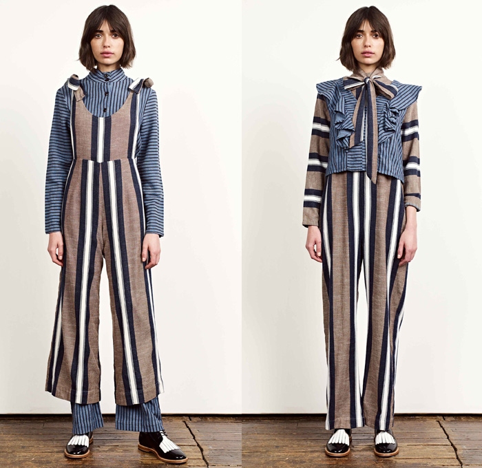 Ace + Jig 2017-2018 Fall Autumn Winter Womens Lookbook Presentation - New York Fashion - Countryside Stripes Linen Lightweight Dress Curved Hem Bell Sleeves Blouse Long Sleeve Shirt High Slit Midi Skirt Turtleneck Mockneck Polka Dots Plaid Tartan Check Embroidery Embellishments Decorated Knit Geometric Ornaments Decorative Art Ruffles Ethnic Tribal Folk Tie Up Rope Wide Band One Shoulder Cross Halterneck Onesie Jumpsuit Coveralls Wide Leg Trousers Palazzo Pants Outerwear Coat Jacket Metallic Pussycat Bow Ribbon Sleeveless Skirt Over Skirt Over Pants Socks Tassels Loafers