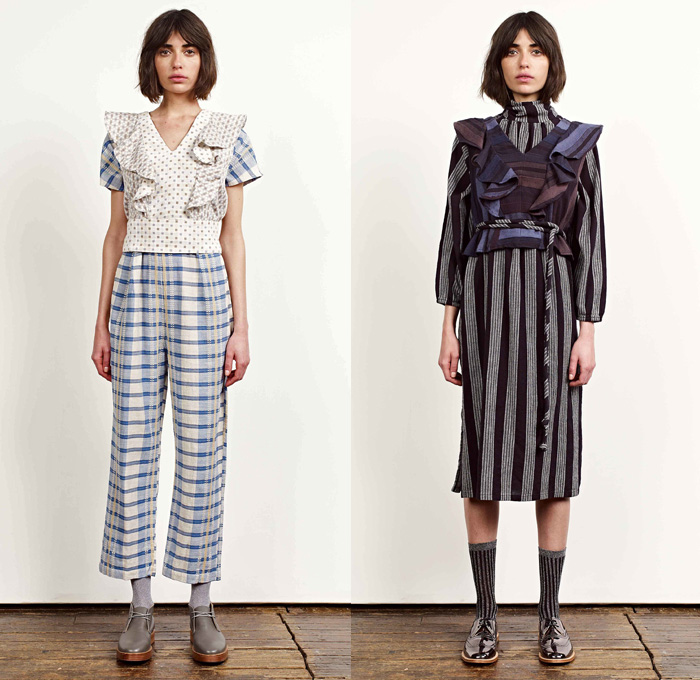 Ace + Jig 2017-2018 Fall Autumn Winter Womens Lookbook Presentation - New York Fashion - Countryside Stripes Linen Lightweight Dress Curved Hem Bell Sleeves Blouse Long Sleeve Shirt High Slit Midi Skirt Turtleneck Mockneck Polka Dots Plaid Tartan Check Embroidery Embellishments Decorated Knit Geometric Ornaments Decorative Art Ruffles Ethnic Tribal Folk Tie Up Rope Wide Band One Shoulder Cross Halterneck Onesie Jumpsuit Coveralls Wide Leg Trousers Palazzo Pants Outerwear Coat Jacket Metallic Pussycat Bow Ribbon Sleeveless Skirt Over Skirt Over Pants Socks Tassels Loafers