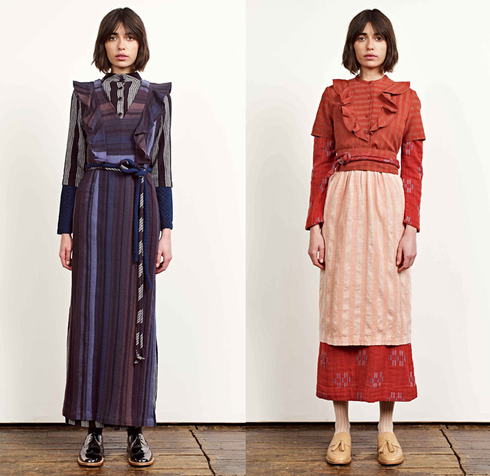 Ace + Jig 2017-2018 Fall Autumn Winter Womens Lookbook Presentation - New York Fashion - Countryside Stripes Linen Lightweight Dress Curved Hem Bell Sleeves Blouse Long Sleeve Shirt High Slit Midi Skirt Turtleneck Mockneck Polka Dots Plaid Tartan Check Embroidery Embellishments Decorated Knit Geometric Ornaments Decorative Art Ruffles Ethnic Tribal Folk Tie Up Rope Wide Band One Shoulder Cross Halterneck Onesie Jumpsuit Coveralls Wide Leg Trousers Palazzo Pants Outerwear Coat Jacket Metallic Pussycat Bow Ribbon Sleeveless Skirt Over Skirt Over Pants Socks Tassels Loafers