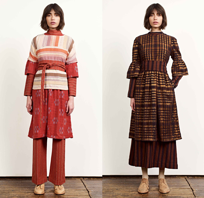 Ace + Jig 2017-2018 Fall Autumn Winter Womens Lookbook Presentation - New York Fashion - Countryside Stripes Linen Lightweight Dress Curved Hem Bell Sleeves Blouse Long Sleeve Shirt High Slit Midi Skirt Turtleneck Mockneck Polka Dots Plaid Tartan Check Embroidery Embellishments Decorated Knit Geometric Ornaments Decorative Art Ruffles Ethnic Tribal Folk Tie Up Rope Wide Band One Shoulder Cross Halterneck Onesie Jumpsuit Coveralls Wide Leg Trousers Palazzo Pants Outerwear Coat Jacket Metallic Pussycat Bow Ribbon Sleeveless Skirt Over Skirt Over Pants Socks Tassels Loafers