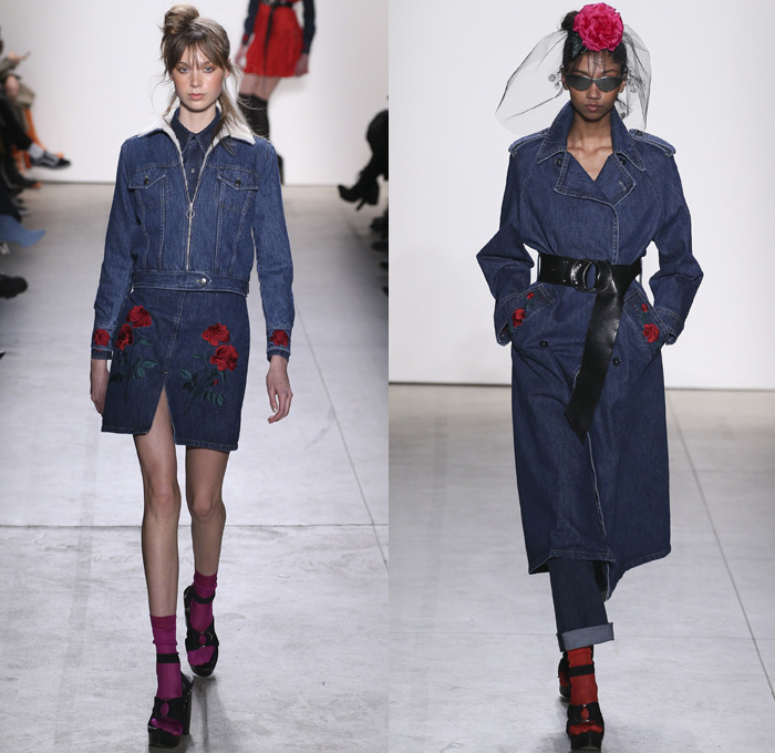 Adam Selman 2017-2018 Fall Winter Womens Runway Catwalk Looks - New York Fashion Week NYFW - 1970s Disco Chic Denim Jeans Wide Leg Flare Embroidery Roses Flowers Floral Print Graphic Pattern Motif Outerwear Trench Coat Motorcycle Biker Jacket Silk Dress Over Shirt Stripes Zipper Sheer Chiffon Tulle Knit Sweater Jumper Sheen Metallic Shine Noodle Spaghetti Strap Gown Eveningwear Embellishments Bedazzled Sequins Halterneck Crop Top Midriff Shorts Wrap Tie Up Oversized Shirtdress Gingham Check Veil Mesh Stockings Tights Hosiery Sneakers Wide Belt Sunglasses Shearling Straps