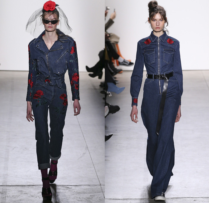 Adam Selman 2017-2018 Fall Winter Womens Runway Catwalk Looks - New York Fashion Week NYFW - 1970s Disco Chic Denim Jeans Wide Leg Flare Embroidery Roses Flowers Floral Print Graphic Pattern Motif Outerwear Trench Coat Motorcycle Biker Jacket Silk Dress Over Shirt Stripes Zipper Sheer Chiffon Tulle Knit Sweater Jumper Sheen Metallic Shine Noodle Spaghetti Strap Gown Eveningwear Embellishments Bedazzled Sequins Halterneck Crop Top Midriff Shorts Wrap Tie Up Oversized Shirtdress Gingham Check Veil Mesh Stockings Tights Hosiery Sneakers Wide Belt Sunglasses Shearling Straps