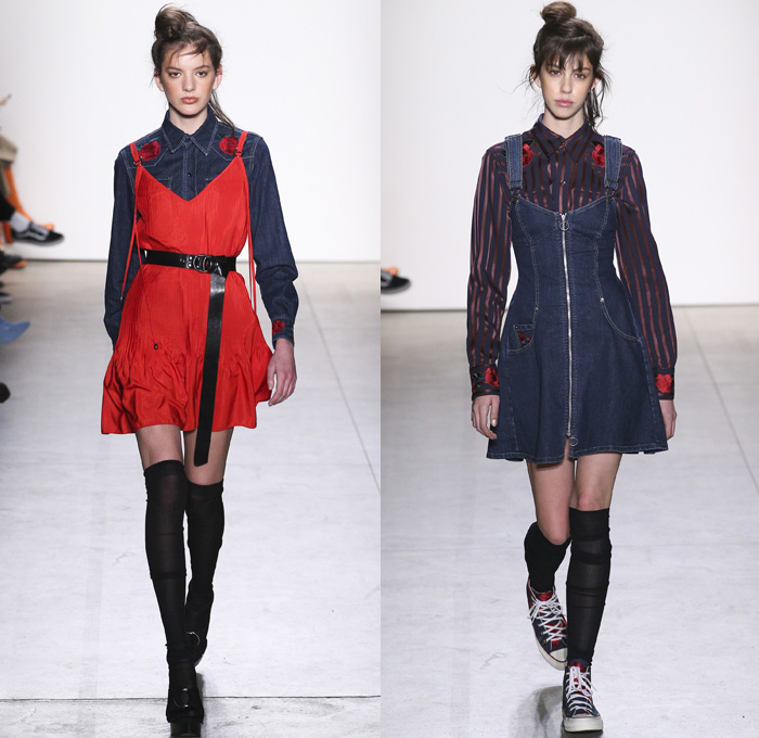 Adam Selman 2017-2018 Fall Winter Womens Runway Catwalk Looks - New York Fashion Week NYFW - 1970s Disco Chic Denim Jeans Wide Leg Flare Embroidery Roses Flowers Floral Print Graphic Pattern Motif Outerwear Trench Coat Motorcycle Biker Jacket Silk Dress Over Shirt Stripes Zipper Sheer Chiffon Tulle Knit Sweater Jumper Sheen Metallic Shine Noodle Spaghetti Strap Gown Eveningwear Embellishments Bedazzled Sequins Halterneck Crop Top Midriff Shorts Wrap Tie Up Oversized Shirtdress Gingham Check Veil Mesh Stockings Tights Hosiery Sneakers Wide Belt Sunglasses Shearling Straps