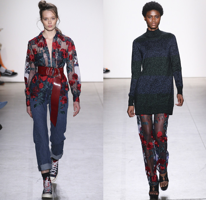 Adam Selman 2017-2018 Fall Winter Womens Runway Catwalk Looks - New York Fashion Week NYFW - 1970s Disco Chic Denim Jeans Wide Leg Flare Embroidery Roses Flowers Floral Print Graphic Pattern Motif Outerwear Trench Coat Motorcycle Biker Jacket Silk Dress Over Shirt Stripes Zipper Sheer Chiffon Tulle Knit Sweater Jumper Sheen Metallic Shine Noodle Spaghetti Strap Gown Eveningwear Embellishments Bedazzled Sequins Halterneck Crop Top Midriff Shorts Wrap Tie Up Oversized Shirtdress Gingham Check Veil Mesh Stockings Tights Hosiery Sneakers Wide Belt Sunglasses Shearling Straps