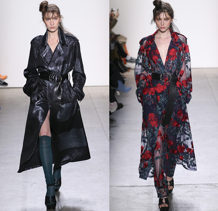 Adam Selman 2017-2018 Fall Winter Womens Runway Catwalk Looks - New York Fashion Week NYFW - 1970s Disco Chic Denim Jeans Wide Leg Flare Embroidery Roses Flowers Floral Print Graphic Pattern Motif Outerwear Trench Coat Motorcycle Biker Jacket Silk Dress Over Shirt Stripes Zipper Sheer Chiffon Tulle Knit Sweater Jumper Sheen Metallic Shine Noodle Spaghetti Strap Gown Eveningwear Embellishments Bedazzled Sequins Halterneck Crop Top Midriff Shorts Wrap Tie Up Oversized Shirtdress Gingham Check Veil Mesh Stockings Tights Hosiery Sneakers Wide Belt Sunglasses Shearling Straps