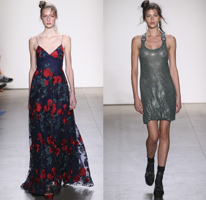 Adam Selman 2017-2018 Fall Winter Womens Runway Catwalk Looks - New York Fashion Week NYFW - 1970s Disco Chic Denim Jeans Wide Leg Flare Embroidery Roses Flowers Floral Print Graphic Pattern Motif Outerwear Trench Coat Motorcycle Biker Jacket Silk Dress Over Shirt Stripes Zipper Sheer Chiffon Tulle Knit Sweater Jumper Sheen Metallic Shine Noodle Spaghetti Strap Gown Eveningwear Embellishments Bedazzled Sequins Halterneck Crop Top Midriff Shorts Wrap Tie Up Oversized Shirtdress Gingham Check Veil Mesh Stockings Tights Hosiery Sneakers Wide Belt Sunglasses Shearling Straps