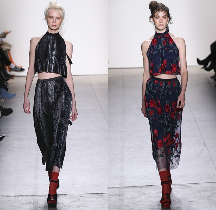 Adam Selman 2017-2018 Fall Winter Womens Runway Catwalk Looks - New York Fashion Week NYFW - 1970s Disco Chic Denim Jeans Wide Leg Flare Embroidery Roses Flowers Floral Print Graphic Pattern Motif Outerwear Trench Coat Motorcycle Biker Jacket Silk Dress Over Shirt Stripes Zipper Sheer Chiffon Tulle Knit Sweater Jumper Sheen Metallic Shine Noodle Spaghetti Strap Gown Eveningwear Embellishments Bedazzled Sequins Halterneck Crop Top Midriff Shorts Wrap Tie Up Oversized Shirtdress Gingham Check Veil Mesh Stockings Tights Hosiery Sneakers Wide Belt Sunglasses Shearling Straps