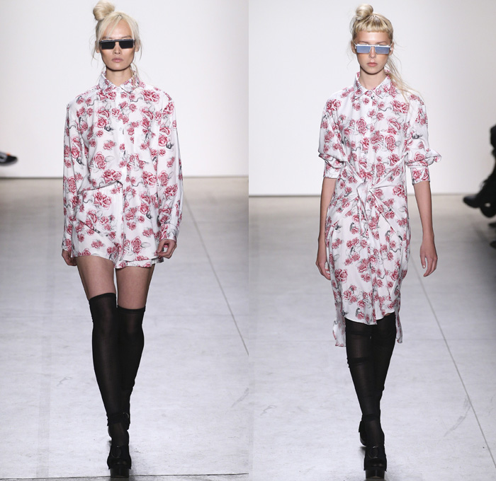 Adam Selman 2017-2018 Fall Winter Womens Runway Catwalk Looks - New York Fashion Week NYFW - 1970s Disco Chic Denim Jeans Wide Leg Flare Embroidery Roses Flowers Floral Print Graphic Pattern Motif Outerwear Trench Coat Motorcycle Biker Jacket Silk Dress Over Shirt Stripes Zipper Sheer Chiffon Tulle Knit Sweater Jumper Sheen Metallic Shine Noodle Spaghetti Strap Gown Eveningwear Embellishments Bedazzled Sequins Halterneck Crop Top Midriff Shorts Wrap Tie Up Oversized Shirtdress Gingham Check Veil Mesh Stockings Tights Hosiery Sneakers Wide Belt Sunglasses Shearling Straps