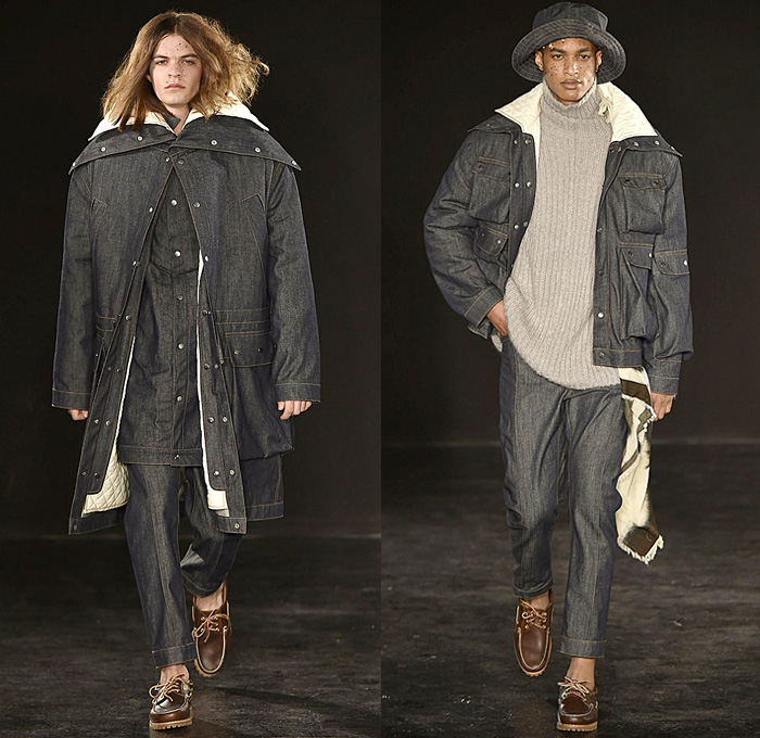 Alex Mullins 2017-2018 Fall Autumn Winter Mens Runway Catwalk Looks - London Collections Fashion Week Mens British Fashion Council UK United Kingdom - Raw Dry Selvedge Denim Jeans Wide Leg Loose Baggy Oversized Outerwear Trench Coat Overcoat Blazer Field Jacket Parka Hood Cargo Pockets Colorblock Half & Half Chunky Knit Turtleneck Sweater Jumper Stitched Hem Plaid Tartan Check Gingham Artwork Portrait Patchwork Rags Shirtdress Wrapped Headwear Topsiders Boat Shoes Bucket Hat Scarf