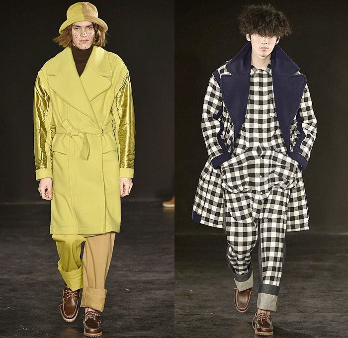 Alex Mullins 2017-2018 Fall Autumn Winter Mens Runway Catwalk Looks - London Collections Fashion Week Mens British Fashion Council UK United Kingdom - Raw Dry Selvedge Denim Jeans Wide Leg Loose Baggy Oversized Outerwear Trench Coat Overcoat Blazer Field Jacket Parka Hood Cargo Pockets Colorblock Half & Half Chunky Knit Turtleneck Sweater Jumper Stitched Hem Plaid Tartan Check Gingham Artwork Portrait Patchwork Rags Shirtdress Wrapped Headwear Topsiders Boat Shoes Bucket Hat Scarf