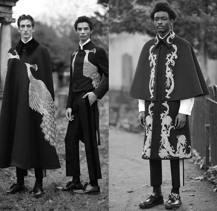 Alexander McQueen 2017-2018 Fall Autumn Winter Mens Lookbook Presentation - Milano Moda Uomo Collezione Milan Fashion Week Italy - 1700-1800s Furry Shaggy Outerwear Coat Poncho Cloak Cape Robe Suit Blazer Tuxedo Stripe Jacket Ornaments Decorative Art Embroidery Peacock Feathers Paisley Belted Waist Velvet City Map Print Silk Satin Brocade Mandarin Collar High Lapel Chinese Changshan Changpao Dagua Polka Dots Bootleg Bootcut Tapered Pants Trousers Pin Accessory Chain Newsboy Flat Baker Boy Cap Boots Western Neck Tie Metallic Studs