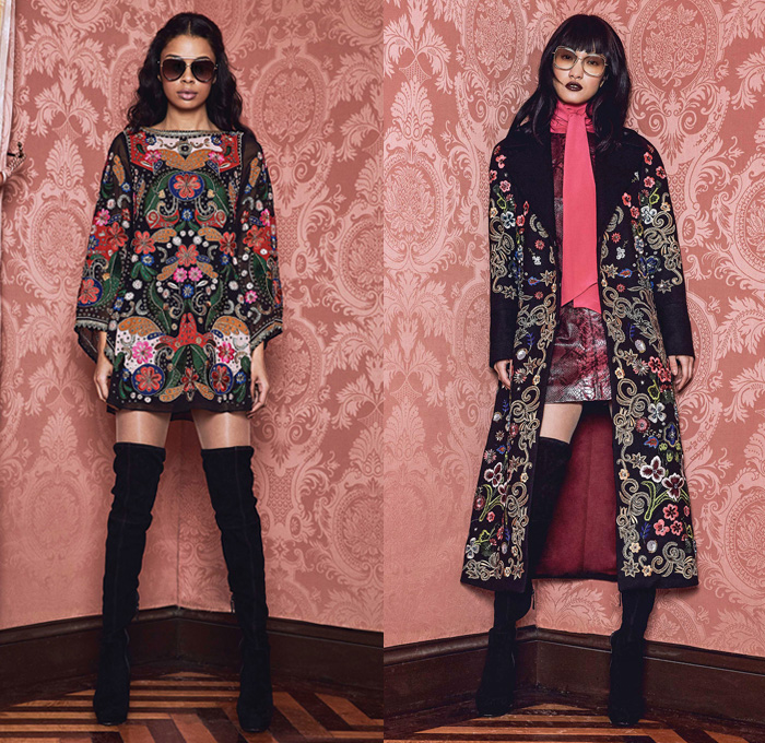 alice + olivia 2017-2018 Fall Autumn Winter Womens Lookbook Presentation - New York Fashion Week NYFW - The Enchantress Of Florence Italian Renaissance Indian Empress Cocktail Party Dress Glitter Outerwear Coat Parka Camouflage Plush Fur Face Hearts Bomber Jacket Motorcycle Biker Leather Knit Sweater Turtleneck Embroidery Decorative Art Ethnic Flowers Floral Decorated Bedazzled Sequins Disco Crop Top Midriff Velvet Blouse Long Sleeve Shirt Noodle Strap Bell Sleeves Blazer Marching Band Jacket Miniskirt Cargo Pockets Shorts Sheer Chiffon Tulle Lace Wide Leg Trousers Palazzo Pants Maxi Dress Gown Eveningwear Birds Leopard Strapless Pussycat Bow Ruffles Capelet Fins Onesie Jumpsuit Flapper Fringes Feathers Jogger Sweatpants Brocade Jacquard Tiered Layers Purse Clutch Thigh High Suede Boots Sunglasses Chain Crossbody Painting Artwork PVC Pleather