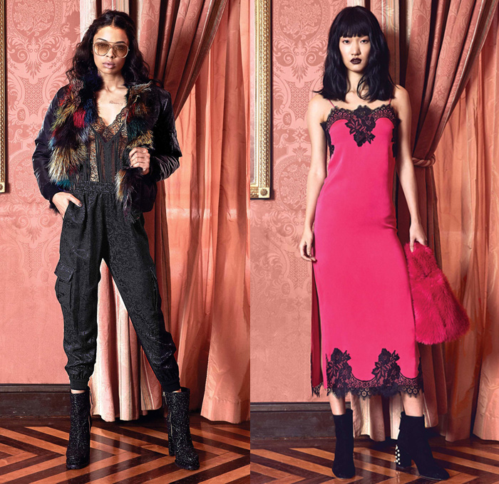 alice + olivia 2017-2018 Fall Autumn Winter Womens Lookbook Presentation - New York Fashion Week NYFW - The Enchantress Of Florence Italian Renaissance Indian Empress Cocktail Party Dress Glitter Outerwear Coat Parka Camouflage Plush Fur Face Hearts Bomber Jacket Motorcycle Biker Leather Knit Sweater Turtleneck Embroidery Decorative Art Ethnic Flowers Floral Decorated Bedazzled Sequins Disco Crop Top Midriff Velvet Blouse Long Sleeve Shirt Noodle Strap Bell Sleeves Blazer Marching Band Jacket Miniskirt Cargo Pockets Shorts Sheer Chiffon Tulle Lace Wide Leg Trousers Palazzo Pants Maxi Dress Gown Eveningwear Birds Leopard Strapless Pussycat Bow Ruffles Capelet Fins Onesie Jumpsuit Flapper Fringes Feathers Jogger Sweatpants Brocade Jacquard Tiered Layers Purse Clutch Thigh High Suede Boots Sunglasses Chain Crossbody Painting Artwork PVC Pleather