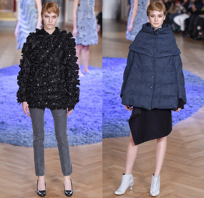 ANREALAGE 2017-2018 Fall Autumn Winter Womens Runway Catwalk Looks - Mode à Paris Fashion Week Mode Féminin France - Sculpture Organic Shape Structure Circles Spiral Twists Tiered Technical Tailoring Denim Jeans Stripes Shorts Mummy Wrap Asymmetrical Skirt Chunky Knit Doily Crochet Embroidery Decorated Ridges Wide Leg Trousers Palazzo Pants Silk Satin Ruffles Buttons Zippers Outerwear Coat Bomber Jacket Quilted Waffle Puffer Parka Handkerchief Hem Corduroy Topographical Armadillo Layers Pearls Crystals Barrel Athletic Bag