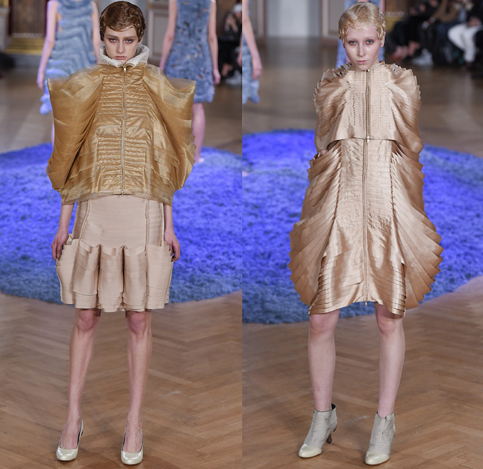 ANREALAGE 2017-2018 Fall Autumn Winter Womens Runway Catwalk Looks - Mode à Paris Fashion Week Mode Féminin France - Sculpture Organic Shape Structure Circles Spiral Twists Tiered Technical Tailoring Denim Jeans Stripes Shorts Mummy Wrap Asymmetrical Skirt Chunky Knit Doily Crochet Embroidery Decorated Ridges Wide Leg Trousers Palazzo Pants Silk Satin Ruffles Buttons Zippers Outerwear Coat Bomber Jacket Quilted Waffle Puffer Parka Handkerchief Hem Corduroy Topographical Armadillo Layers Pearls Crystals Barrel Athletic Bag