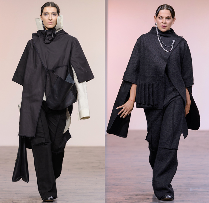 Anuka Keburia 2017-2018 Fall Winter Womens Runway Catwalk Looks - Mercedes-Benz Fashion Week Tbilisi Georgia MBFW - Priestess Capelet Soutane Missionary Collar Deconstructed Frayed Raw Hem Elongated Cutout Sleeves Cargo Pockets Wool Outerwear Overcoat Robe Cloak Shawl Sleeveless Metallic Studs Turtleneck Maxi Dress Crop Top Midriff Layers Drapery Onesie Frankenstein Shoulders Wide Leg Trousers Palazzo Pants Slouchy Skirt Frock Lace Up Beads Necklace Chain Messenger Portfolio Bag Leather Boots Handbag Headwear