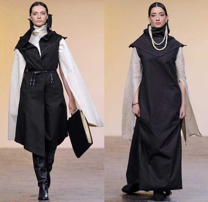 Anuka Keburia 2017-2018 Fall Winter Womens Runway Catwalk Looks - Mercedes-Benz Fashion Week Tbilisi Georgia MBFW - Priestess Capelet Soutane Missionary Collar Deconstructed Frayed Raw Hem Elongated Cutout Sleeves Cargo Pockets Wool Outerwear Overcoat Robe Cloak Shawl Sleeveless Metallic Studs Turtleneck Maxi Dress Crop Top Midriff Layers Drapery Onesie Frankenstein Shoulders Wide Leg Trousers Palazzo Pants Slouchy Skirt Frock Lace Up Beads Necklace Chain Messenger Portfolio Bag Leather Boots Handbag Headwear