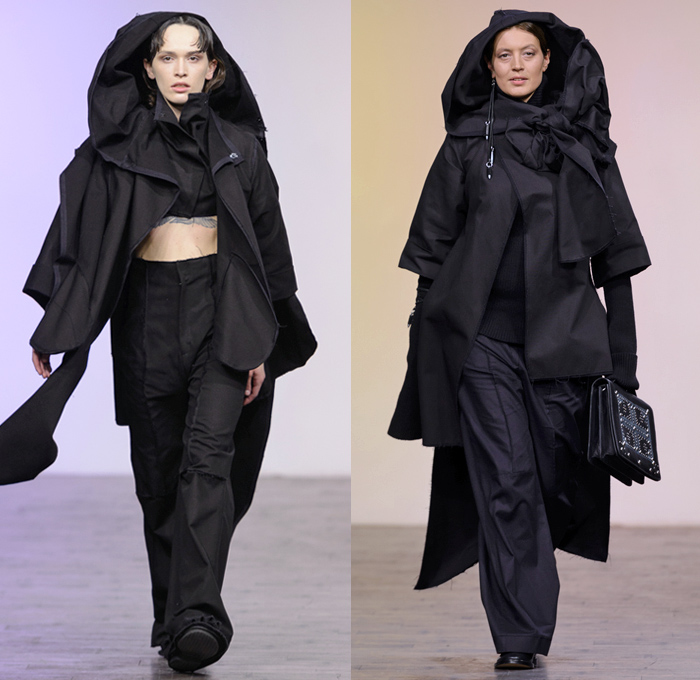 Anuka Keburia 2017-2018 Fall Winter Womens Runway Catwalk Looks - Mercedes-Benz Fashion Week Tbilisi Georgia MBFW - Priestess Capelet Soutane Missionary Collar Deconstructed Frayed Raw Hem Elongated Cutout Sleeves Cargo Pockets Wool Outerwear Overcoat Robe Cloak Shawl Sleeveless Metallic Studs Turtleneck Maxi Dress Crop Top Midriff Layers Drapery Onesie Frankenstein Shoulders Wide Leg Trousers Palazzo Pants Slouchy Skirt Frock Lace Up Beads Necklace Chain Messenger Portfolio Bag Leather Boots Handbag Headwear