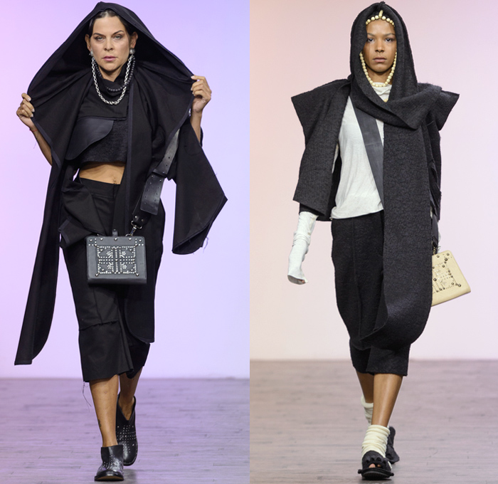 Anuka Keburia 2017-2018 Fall Winter Womens Runway Catwalk Looks - Mercedes-Benz Fashion Week Tbilisi Georgia MBFW - Priestess Capelet Soutane Missionary Collar Deconstructed Frayed Raw Hem Elongated Cutout Sleeves Cargo Pockets Wool Outerwear Overcoat Robe Cloak Shawl Sleeveless Metallic Studs Turtleneck Maxi Dress Crop Top Midriff Layers Drapery Onesie Frankenstein Shoulders Wide Leg Trousers Palazzo Pants Slouchy Skirt Frock Lace Up Beads Necklace Chain Messenger Portfolio Bag Leather Boots Handbag Headwear