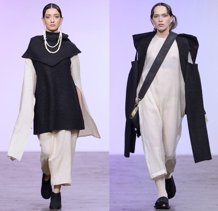 Anuka Keburia 2017-2018 Fall Winter Womens Runway Catwalk Looks - Mercedes-Benz Fashion Week Tbilisi Georgia MBFW - Priestess Capelet Soutane Missionary Collar Deconstructed Frayed Raw Hem Elongated Cutout Sleeves Cargo Pockets Wool Outerwear Overcoat Robe Cloak Shawl Sleeveless Metallic Studs Turtleneck Maxi Dress Crop Top Midriff Layers Drapery Onesie Frankenstein Shoulders Wide Leg Trousers Palazzo Pants Slouchy Skirt Frock Lace Up Beads Necklace Chain Messenger Portfolio Bag Leather Boots Handbag Headwear