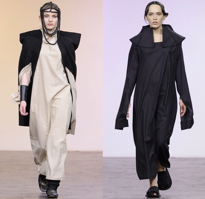 Anuka Keburia 2017-2018 Fall Winter Womens Runway Catwalk Looks - Mercedes-Benz Fashion Week Tbilisi Georgia MBFW - Priestess Capelet Soutane Missionary Collar Deconstructed Frayed Raw Hem Elongated Cutout Sleeves Cargo Pockets Wool Outerwear Overcoat Robe Cloak Shawl Sleeveless Metallic Studs Turtleneck Maxi Dress Crop Top Midriff Layers Drapery Onesie Frankenstein Shoulders Wide Leg Trousers Palazzo Pants Slouchy Skirt Frock Lace Up Beads Necklace Chain Messenger Portfolio Bag Leather Boots Handbag Headwear