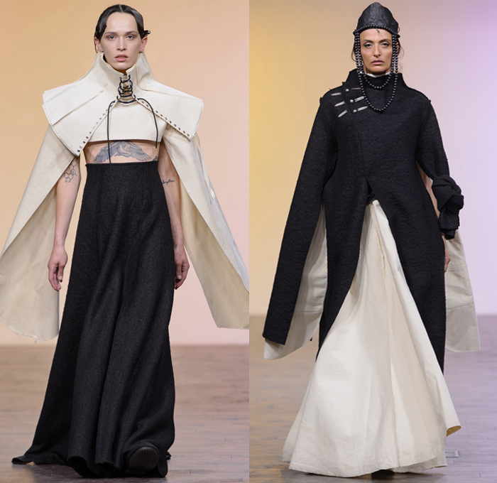 Anuka Keburia 2017-2018 Fall Winter Womens Runway Catwalk Looks - Mercedes-Benz Fashion Week Tbilisi Georgia MBFW - Priestess Capelet Soutane Missionary Collar Deconstructed Frayed Raw Hem Elongated Cutout Sleeves Cargo Pockets Wool Outerwear Overcoat Robe Cloak Shawl Sleeveless Metallic Studs Turtleneck Maxi Dress Crop Top Midriff Layers Drapery Onesie Frankenstein Shoulders Wide Leg Trousers Palazzo Pants Slouchy Skirt Frock Lace Up Beads Necklace Chain Messenger Portfolio Bag Leather Boots Handbag Headwear