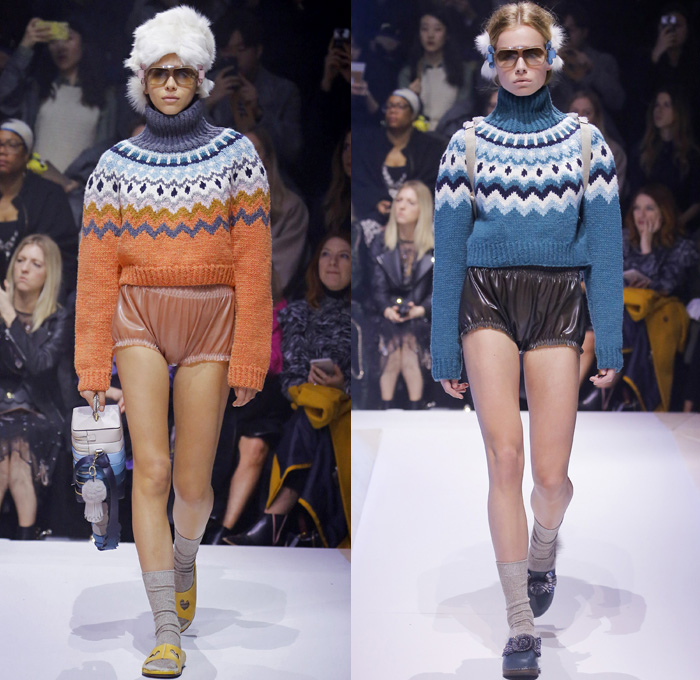 Anya Hindmarch 2017-2018 Fall Autumn Winter Womens Runway Catwalk Looks - London Fashion Week Collections UK United Kingdom - Old Norse Folklore Scandinavian Kurbits Wool Felt Outerwear Coat Poncho Cloak Cape Jacket Turtleneck Chunky Fairisle Knit Sweater Embellishments Adorned Decorated Bedazzled Hearts Dragonflies Leaves Combishorts Romper Onesie Playsuit Stack Collection Handmade Paper Chains Leather Straps Bag Mountain Smiley Slides Shearling Creepers Eyes Clogs Mules Sandals With Socks Sunglasses Shades Ear Muffs Hotpants Diaper Shorts Tote