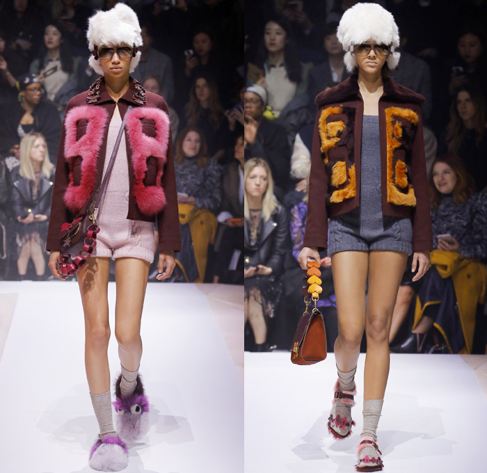 Anya Hindmarch 2017-2018 Fall Autumn Winter Womens Runway Catwalk Looks - London Fashion Week Collections UK United Kingdom - Old Norse Folklore Scandinavian Kurbits Wool Felt Outerwear Coat Poncho Cloak Cape Jacket Turtleneck Chunky Fairisle Knit Sweater Embellishments Adorned Decorated Bedazzled Hearts Dragonflies Leaves Combishorts Romper Onesie Playsuit Stack Collection Handmade Paper Chains Leather Straps Bag Mountain Smiley Slides Shearling Creepers Eyes Clogs Mules Sandals With Socks Sunglasses Shades Ear Muffs Hotpants Diaper Shorts Tote