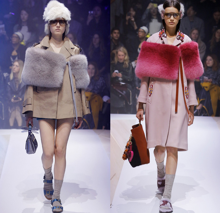 Anya Hindmarch 2017-2018 Fall Autumn Winter Womens Runway Catwalk Looks - London Fashion Week Collections UK United Kingdom - Old Norse Folklore Scandinavian Kurbits Wool Felt Outerwear Coat Poncho Cloak Cape Jacket Turtleneck Chunky Fairisle Knit Sweater Embellishments Adorned Decorated Bedazzled Hearts Dragonflies Leaves Combishorts Romper Onesie Playsuit Stack Collection Handmade Paper Chains Leather Straps Bag Mountain Smiley Slides Shearling Creepers Eyes Clogs Mules Sandals With Socks Sunglasses Shades Ear Muffs Hotpants Diaper Shorts Tote