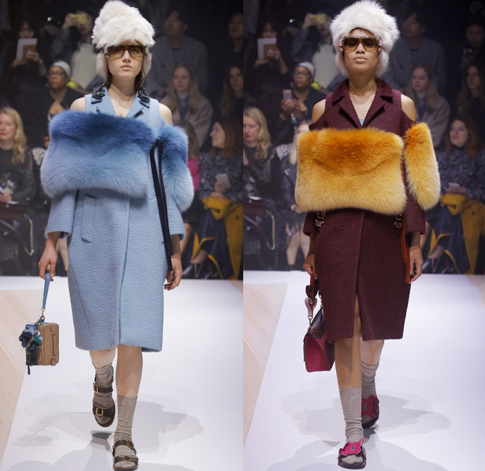 Anya Hindmarch 2017-2018 Fall Autumn Winter Womens Runway Catwalk Looks - London Fashion Week Collections UK United Kingdom - Old Norse Folklore Scandinavian Kurbits Wool Felt Outerwear Coat Poncho Cloak Cape Jacket Turtleneck Chunky Fairisle Knit Sweater Embellishments Adorned Decorated Bedazzled Hearts Dragonflies Leaves Combishorts Romper Onesie Playsuit Stack Collection Handmade Paper Chains Leather Straps Bag Mountain Smiley Slides Shearling Creepers Eyes Clogs Mules Sandals With Socks Sunglasses Shades Ear Muffs Hotpants Diaper Shorts Tote