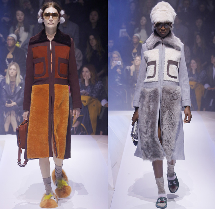 Anya Hindmarch 2017-2018 Fall Autumn Winter Womens Runway Catwalk Looks - London Fashion Week Collections UK United Kingdom - Old Norse Folklore Scandinavian Kurbits Wool Felt Outerwear Coat Poncho Cloak Cape Jacket Turtleneck Chunky Fairisle Knit Sweater Embellishments Adorned Decorated Bedazzled Hearts Dragonflies Leaves Combishorts Romper Onesie Playsuit Stack Collection Handmade Paper Chains Leather Straps Bag Mountain Smiley Slides Shearling Creepers Eyes Clogs Mules Sandals With Socks Sunglasses Shades Ear Muffs Hotpants Diaper Shorts Tote