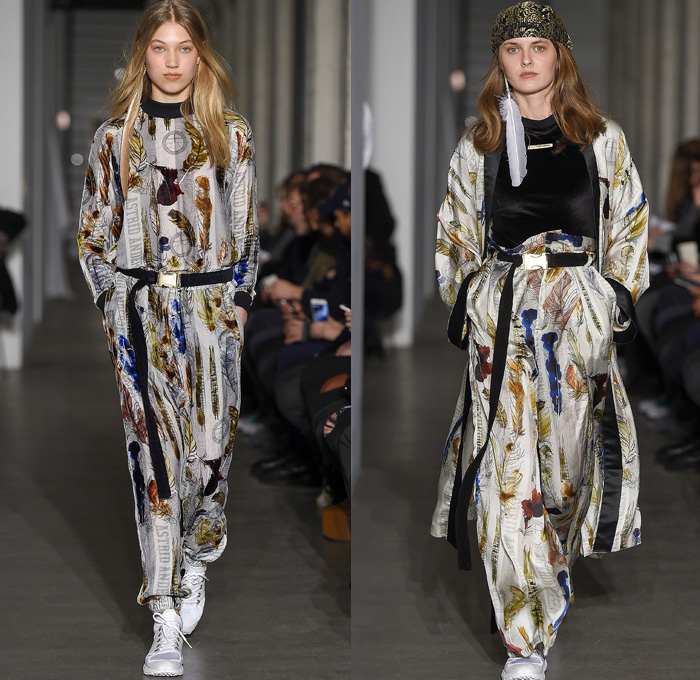 Astrid Andersen 2017-2018 Fall Winter Womens Runway Catwalk Looks - Copenhagen Fashion Week Denmark CPHFW - Tracksuit Burgundy Velvet Corduroy Basketball Flatcap Leopard High Streetwear Onesie Jumpsuit Coveralls Feathers Print Graphic Motif Belted Waist Robe Silk Lace Needlework Parka Anorak Windbreaker Outerwear Coat Quilted Waffle Puffer Down Jacket Plush Fur Shearling Jogger Sweatpants Turtleneck Sweaterdress Cardigan Snap Buttons Tearaway Sleeveless Scarf Vest Trainers Sunglasses Shades Cap Hat