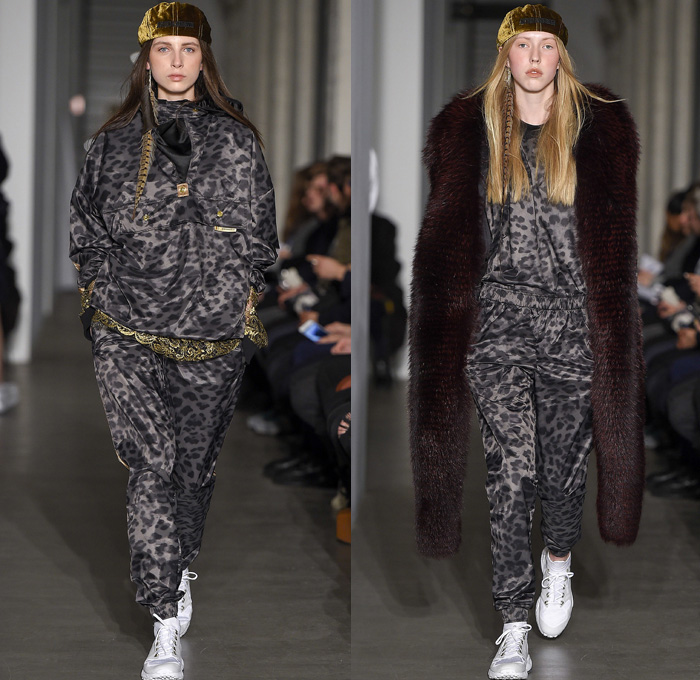 Astrid Andersen 2017-2018 Fall Winter Womens Runway Catwalk Looks - Copenhagen Fashion Week Denmark CPHFW - Tracksuit Burgundy Velvet Corduroy Basketball Flatcap Leopard High Streetwear Onesie Jumpsuit Coveralls Feathers Print Graphic Motif Belted Waist Robe Silk Lace Needlework Parka Anorak Windbreaker Outerwear Coat Quilted Waffle Puffer Down Jacket Plush Fur Shearling Jogger Sweatpants Turtleneck Sweaterdress Cardigan Snap Buttons Tearaway Sleeveless Scarf Vest Trainers Sunglasses Shades Cap Hat