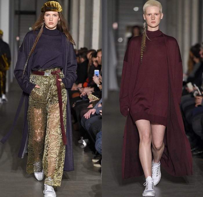 Astrid Andersen 2017-2018 Fall Winter Womens Runway Catwalk Looks - Copenhagen Fashion Week Denmark CPHFW - Tracksuit Burgundy Velvet Corduroy Basketball Flatcap Leopard High Streetwear Onesie Jumpsuit Coveralls Feathers Print Graphic Motif Belted Waist Robe Silk Lace Needlework Parka Anorak Windbreaker Outerwear Coat Quilted Waffle Puffer Down Jacket Plush Fur Shearling Jogger Sweatpants Turtleneck Sweaterdress Cardigan Snap Buttons Tearaway Sleeveless Scarf Vest Trainers Sunglasses Shades Cap Hat