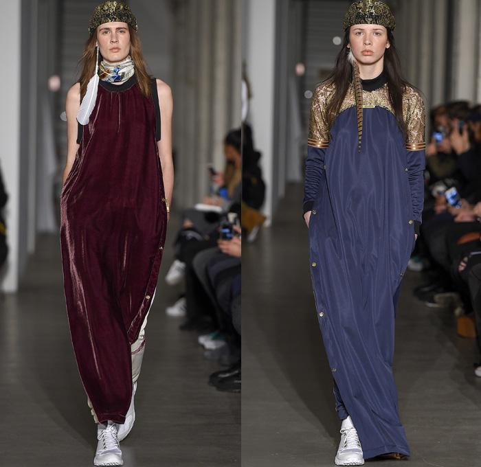 Astrid Andersen 2017-2018 Fall Winter Womens Runway Catwalk Looks - Copenhagen Fashion Week Denmark CPHFW - Tracksuit Burgundy Velvet Corduroy Basketball Flatcap Leopard High Streetwear Onesie Jumpsuit Coveralls Feathers Print Graphic Motif Belted Waist Robe Silk Lace Needlework Parka Anorak Windbreaker Outerwear Coat Quilted Waffle Puffer Down Jacket Plush Fur Shearling Jogger Sweatpants Turtleneck Sweaterdress Cardigan Snap Buttons Tearaway Sleeveless Scarf Vest Trainers Sunglasses Shades Cap Hat