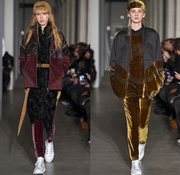 Astrid Andersen 2017-2018 Fall Winter Womens Runway Catwalk Looks - Copenhagen Fashion Week Denmark CPHFW - Tracksuit Burgundy Velvet Corduroy Basketball Flatcap Leopard High Streetwear Onesie Jumpsuit Coveralls Feathers Print Graphic Motif Belted Waist Robe Silk Lace Needlework Parka Anorak Windbreaker Outerwear Coat Quilted Waffle Puffer Down Jacket Plush Fur Shearling Jogger Sweatpants Turtleneck Sweaterdress Cardigan Snap Buttons Tearaway Sleeveless Scarf Vest Trainers Sunglasses Shades Cap Hat