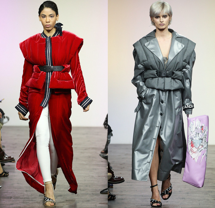 Avtandil Tskvitinidze 2017-2018 Fall Winter Womens Runway Catwalk Looks - Mercedes-Benz Fashion Week Tbilisi Georgia MBFW - Space Age Denim Jeans Patchwork Frayed Raw Hem Destroyed Deconstructed Trucker Jacket Slouchy Sportswear Shawl Trench Coat Overcoat Quilted Waffle Puffer Down Outerwear Leather Bomber Jacket Vest Waistcoat Turtleneck Sweaterdress Grosgrain Cinch Velour Velvet Leggings Cutout Shoulders Leg O'Mutton Sleeves Frankenstein Football Shoulders Shirtdress Pants Trousers Belts Straps Sheer Chiffon Organza Tulle Ruffles Blouse Miniskirt Flowers Floral Embroidery Decorated Curved Hem Street Art Tiered Pleats Drapery Handkerchief Hem Fringes Bag Briefcase Sunglasses Ski Glasses Thigh High Boots