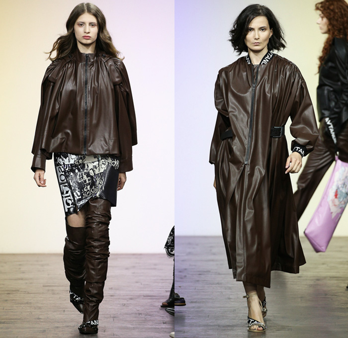 Avtandil Tskvitinidze 2017-2018 Fall Winter Womens Runway Catwalk Looks - Mercedes-Benz Fashion Week Tbilisi Georgia MBFW - Space Age Denim Jeans Patchwork Frayed Raw Hem Destroyed Deconstructed Trucker Jacket Slouchy Sportswear Shawl Trench Coat Overcoat Quilted Waffle Puffer Down Outerwear Leather Bomber Jacket Vest Waistcoat Turtleneck Sweaterdress Grosgrain Cinch Velour Velvet Leggings Cutout Shoulders Leg O'Mutton Sleeves Frankenstein Football Shoulders Shirtdress Pants Trousers Belts Straps Sheer Chiffon Organza Tulle Ruffles Blouse Miniskirt Flowers Floral Embroidery Decorated Curved Hem Street Art Tiered Pleats Drapery Handkerchief Hem Fringes Bag Briefcase Sunglasses Ski Glasses Thigh High Boots