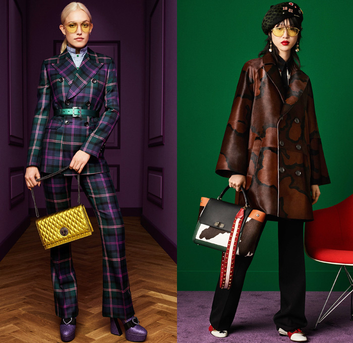 Bally of Switzerland 2017-2018 Fall Autumn Winter Womens Mens Lookbook Presentation - Milano Moda Donna Collezione Milan Fashion Week Italy - 1970s Seventies Plaid Tartan Pantsuit Silk Satin Ruffles Blouse Pussycat Bow Ribbon Tuxedo Jacket Velvet Pants Trousers Tiles Belted Waist Parka Trench Coat Slouchy Cow Pattern Skirt Accordion Pleats Leopard Quilted Waffle Puffer Down Jacket Double Breasted Mockneck Suede Backless Babouche Mules Leather Platforms Colored Sunglasses Heels Pumps Stockings Tights Beret Bowtie Tote Backpack Boots Duffel Bowling Bag Sneakers Bedazzled Handbag