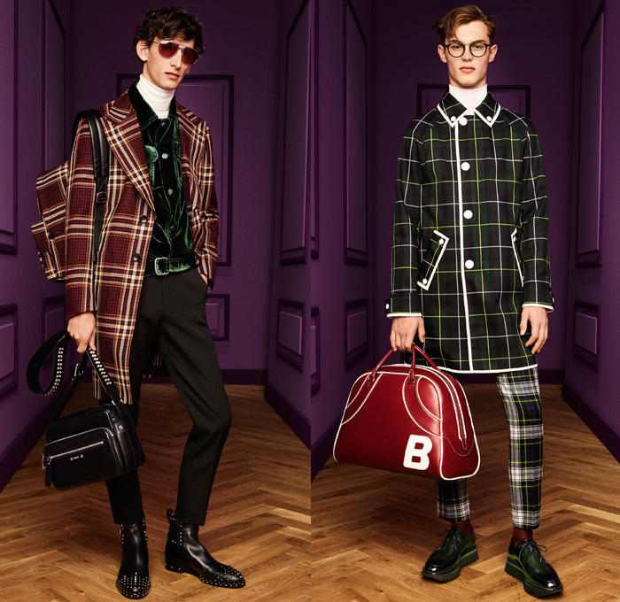 Bally of Switzerland 2017-2018 Fall Autumn Winter Womens Mens Lookbook Presentation - Milano Moda Donna Collezione Milan Fashion Week Italy - 1970s Seventies Plaid Tartan Pantsuit Silk Satin Ruffles Blouse Pussycat Bow Ribbon Tuxedo Jacket Velvet Pants Trousers Tiles Belted Waist Parka Trench Coat Slouchy Cow Pattern Skirt Accordion Pleats Leopard Quilted Waffle Puffer Down Jacket Double Breasted Mockneck Suede Backless Babouche Mules Leather Platforms Colored Sunglasses Heels Pumps Stockings Tights Beret Bowtie Tote Backpack Boots Duffel Bowling Bag Sneakers Bedazzled Handbag