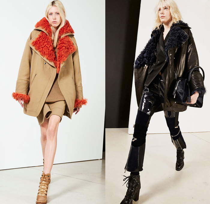 Barbara Bui 2017-2018 Fall Autumn Winter Womens Lookbook Presentation - Mode à Paris Fashion Week Mode Féminin France - Oversized Outerwear Coat Plush Fur Shearling Hooded Sweatshirt Poncho Cloak Motorcycle Rider Leather Racer Biker Pants Moto Jacket Panels Chunky Knit Weave Turtleneck Sweater Jumper Ribbed Cuffs Pantsuit Wide Lapel Blazer Jacket Embossed Engraved Velour Velvet Stripes Geometric Multi-Panel Bodycon Dress Capelet Sleeves Pointed Shoulders Strapless One Shoulder Noodle Spaghetti Strap Silk Satin Handkerchief Hem Zipper Boots PVC Metallic Silver Handbag