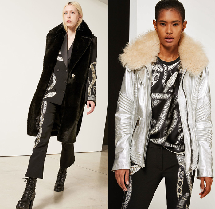 Barbara Bui 2017-2018 Fall Autumn Winter Womens Lookbook Presentation - Mode à Paris Fashion Week Mode Féminin France - Oversized Outerwear Coat Plush Fur Shearling Hooded Sweatshirt Poncho Cloak Motorcycle Rider Leather Racer Biker Pants Moto Jacket Panels Chunky Knit Weave Turtleneck Sweater Jumper Ribbed Cuffs Pantsuit Wide Lapel Blazer Jacket Embossed Engraved Velour Velvet Stripes Geometric Multi-Panel Bodycon Dress Capelet Sleeves Pointed Shoulders Strapless One Shoulder Noodle Spaghetti Strap Silk Satin Handkerchief Hem Zipper Boots PVC Metallic Silver Handbag