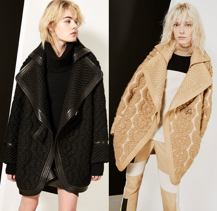 Barbara Bui 2017-2018 Fall Autumn Winter Womens Lookbook Presentation - Mode à Paris Fashion Week Mode Féminin France - Oversized Outerwear Coat Plush Fur Shearling Hooded Sweatshirt Poncho Cloak Motorcycle Rider Leather Racer Biker Pants Moto Jacket Panels Chunky Knit Weave Turtleneck Sweater Jumper Ribbed Cuffs Pantsuit Wide Lapel Blazer Jacket Embossed Engraved Velour Velvet Stripes Geometric Multi-Panel Bodycon Dress Capelet Sleeves Pointed Shoulders Strapless One Shoulder Noodle Spaghetti Strap Silk Satin Handkerchief Hem Zipper Boots PVC Metallic Silver Handbag