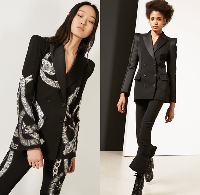 Barbara Bui 2017-2018 Fall Autumn Winter Womens Lookbook Presentation - Mode à Paris Fashion Week Mode Féminin France - Oversized Outerwear Coat Plush Fur Shearling Hooded Sweatshirt Poncho Cloak Motorcycle Rider Leather Racer Biker Pants Moto Jacket Panels Chunky Knit Weave Turtleneck Sweater Jumper Ribbed Cuffs Pantsuit Wide Lapel Blazer Jacket Embossed Engraved Velour Velvet Stripes Geometric Multi-Panel Bodycon Dress Capelet Sleeves Pointed Shoulders Strapless One Shoulder Noodle Spaghetti Strap Silk Satin Handkerchief Hem Zipper Boots PVC Metallic Silver Handbag