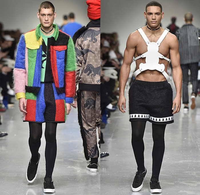 Bobby Abley 2017-2018 Fall Autumn Winter Mens Runway Catwalk Looks - London Collections Fashion Week Mens British Fashion Council UK United Kingdom - Power Rangers Dinosaurs Teddy Bear Pop Art Knit Sweater Jumper Furry Shaggy Shearling Mohair Shorts Over Leggings Straps Arm Warmers Sweatpants Jogger Colorblock Tracksuit Outerwear Coat Crop Top Midriff Leg Panels Poncho Cloak Trucker Jacket Harness Trainers Shoes Choker Helmet Tote Bag Denim Jeans