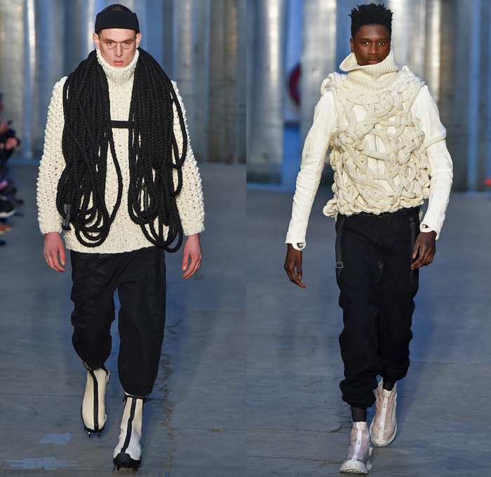 Boris Bidjan Saberi 2017-2018 Fall Autumn Winter Mens Runway Catwalk Looks - Milano Moda Uomo Collezione Milan Fashion Week Italy Camera Nazionale della Moda Italiana - Outdoorsman Mountaineering Mountain Climbing Hiking Trek Activewear Restrained Harness Straps Ropes Mesh Knots Shaggy Plush Fur Outerwear Coat Parka Vest Hood Baggy Loose Tapered Chunky Knit Sweater Turtleneck Crop Top Midriff Leather Jacket Jogger Sweatpants Metallic Sheen Snow Boots Spikes Beanie Knit Cap Shorts Over Leggings Trainers Sunglasses Goggles Gloves Backpack Bag
