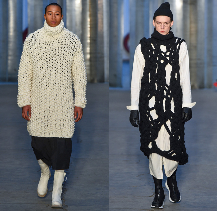 Boris Bidjan Saberi 2017-2018 Fall Autumn Winter Mens Runway Catwalk Looks - Milano Moda Uomo Collezione Milan Fashion Week Italy Camera Nazionale della Moda Italiana - Outdoorsman Mountaineering Mountain Climbing Hiking Trek Activewear Restrained Harness Straps Ropes Mesh Knots Shaggy Plush Fur Outerwear Coat Parka Vest Hood Baggy Loose Tapered Chunky Knit Sweater Turtleneck Crop Top Midriff Leather Jacket Jogger Sweatpants Metallic Sheen Snow Boots Spikes Beanie Knit Cap Shorts Over Leggings Trainers Sunglasses Goggles Gloves Backpack Bag